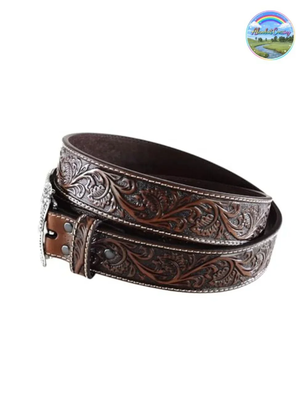 Leather Floral Embossed Belt with Interchangeable Buckle